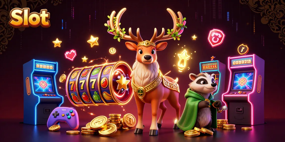 Slot memikat dengan simbol buah, karakter mistis, dan mesin arcade dalam suasana kasino magis.