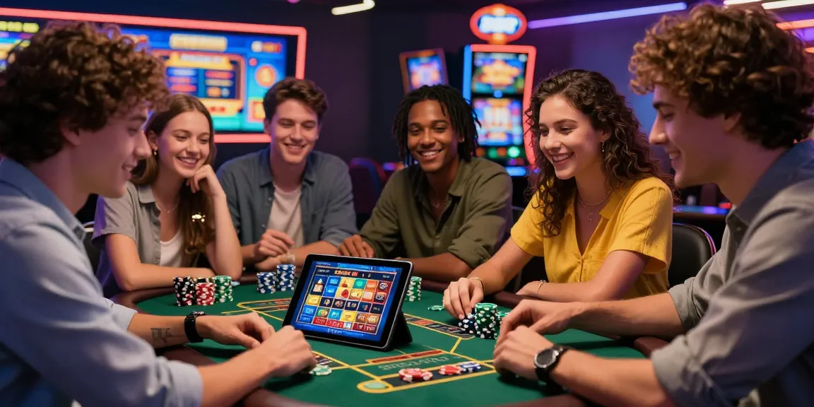 Amis jouant sur un casino en ligne avec des jeux et des jetons colorés, ambiance moderne et joyeuse.