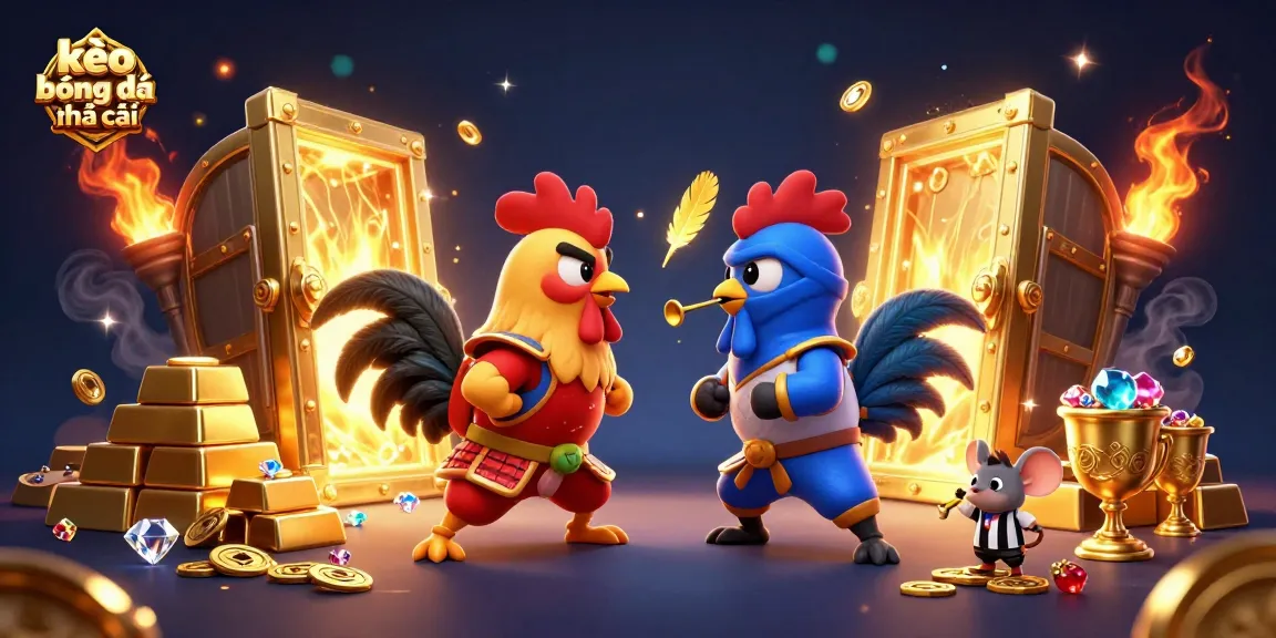 Engage with kèo bóng đá nhà cái through a thrilling showdown between roosters in a gambling-themed scene.