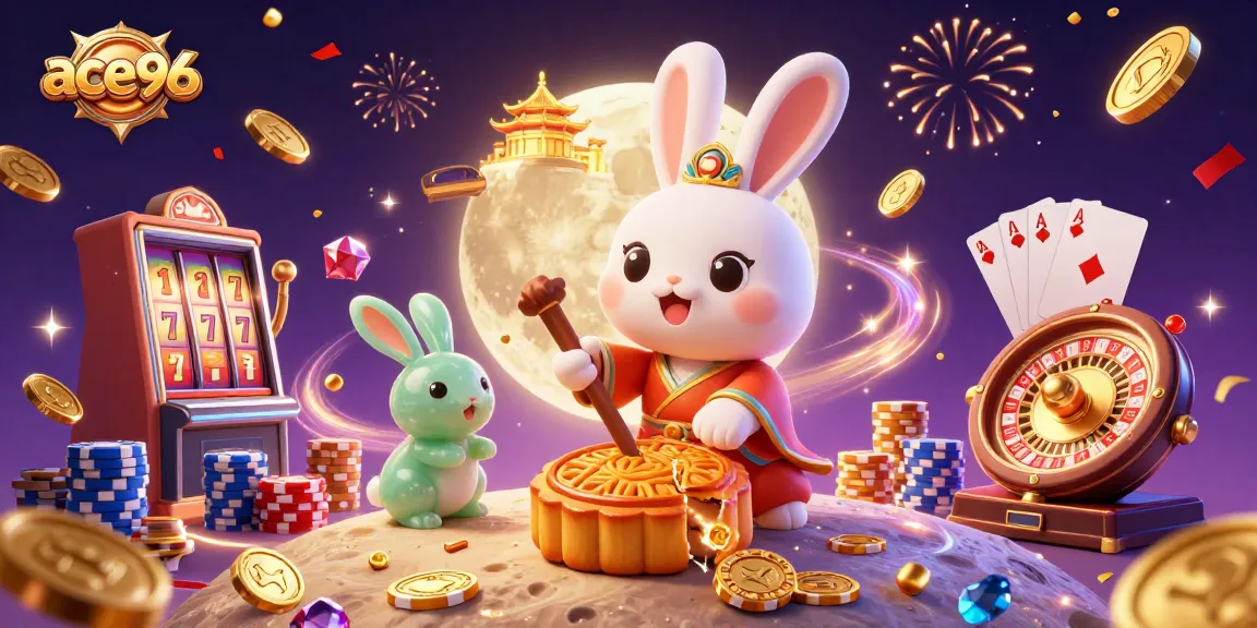 ace96 brings excitement with cartoon-style characters celebrating around slot reels and poker chips.