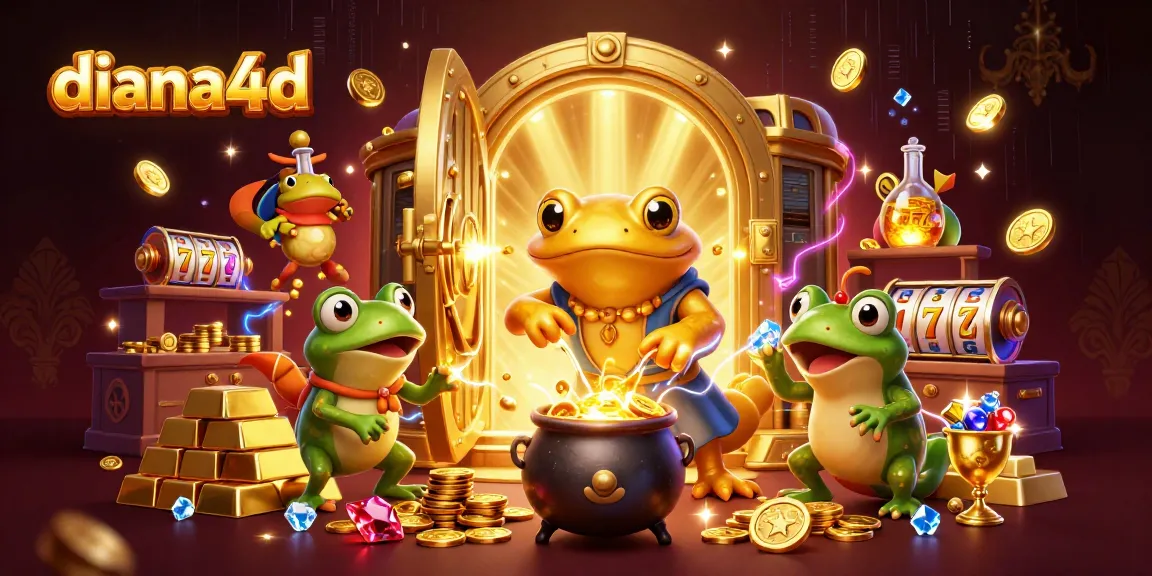 Diana4D showcases a golden salamander alchemist and friends in a vibrant casino scene with slot reels.