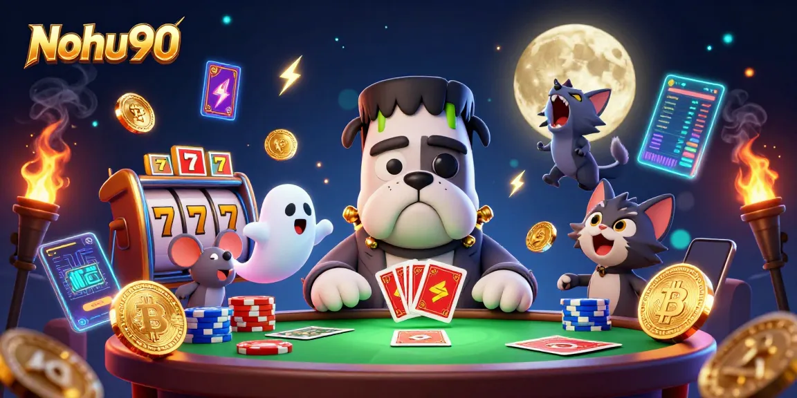 Nohu90 features a spooky casino scene with a bulldog monster and jackpot symbols delivering thrilling gaming action.