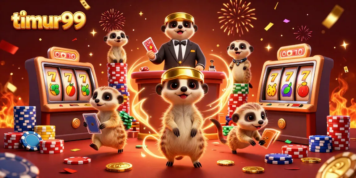 Experience the thrill of timur99 with a dynamic casino scene featuring meerkats running a colorful gaming operation.