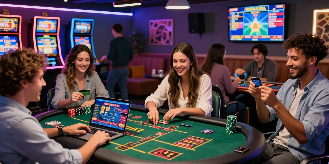 Friends enjoying games at casinos that accept credit cards in a vibrant lounge environment, showcasing excitement and payment options.