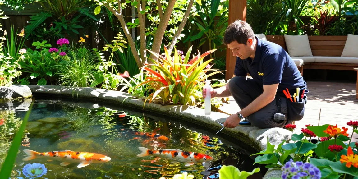 Pond specialist analyzing water quality in a serene garden pond surrounded by vibrant plants.