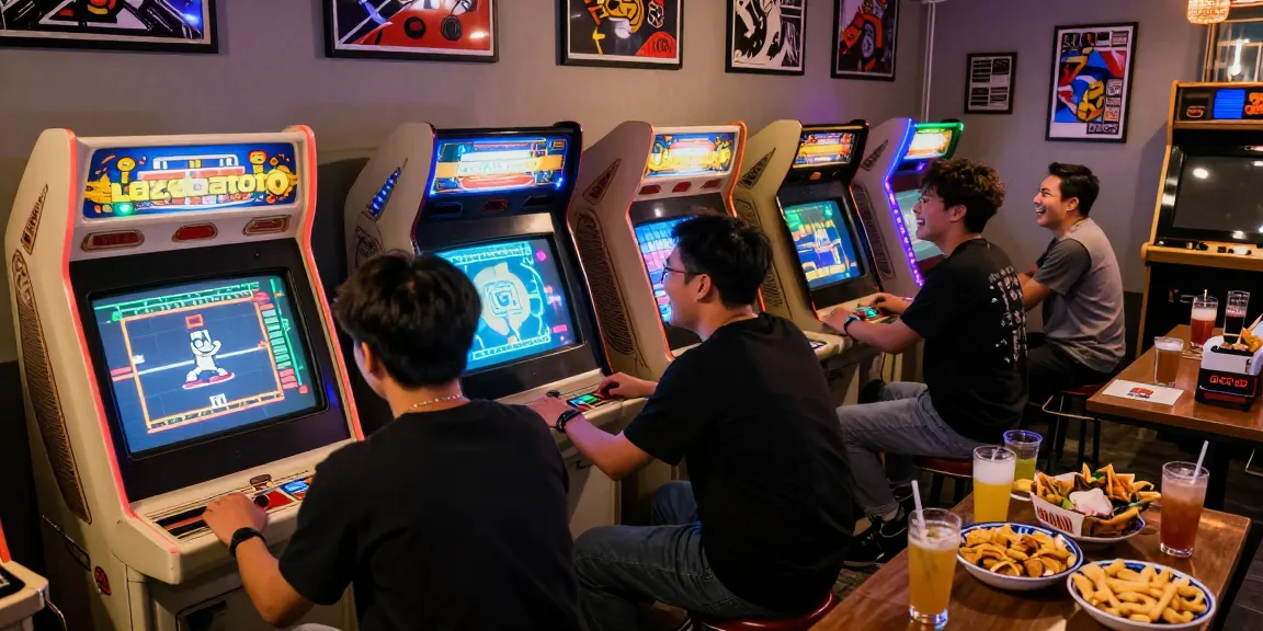 Penggemar lazadatoto bermain game klasik di arcade dengan suasana nostalgi yang ceria.