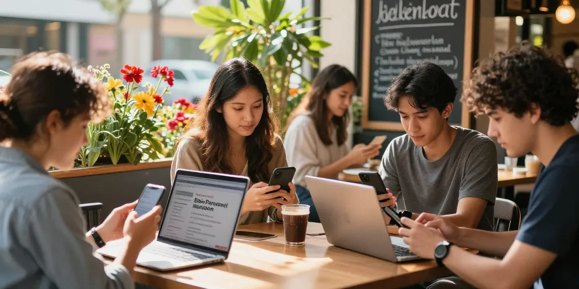 People engaging with BedPersonal local classifieds in a vibrant café.