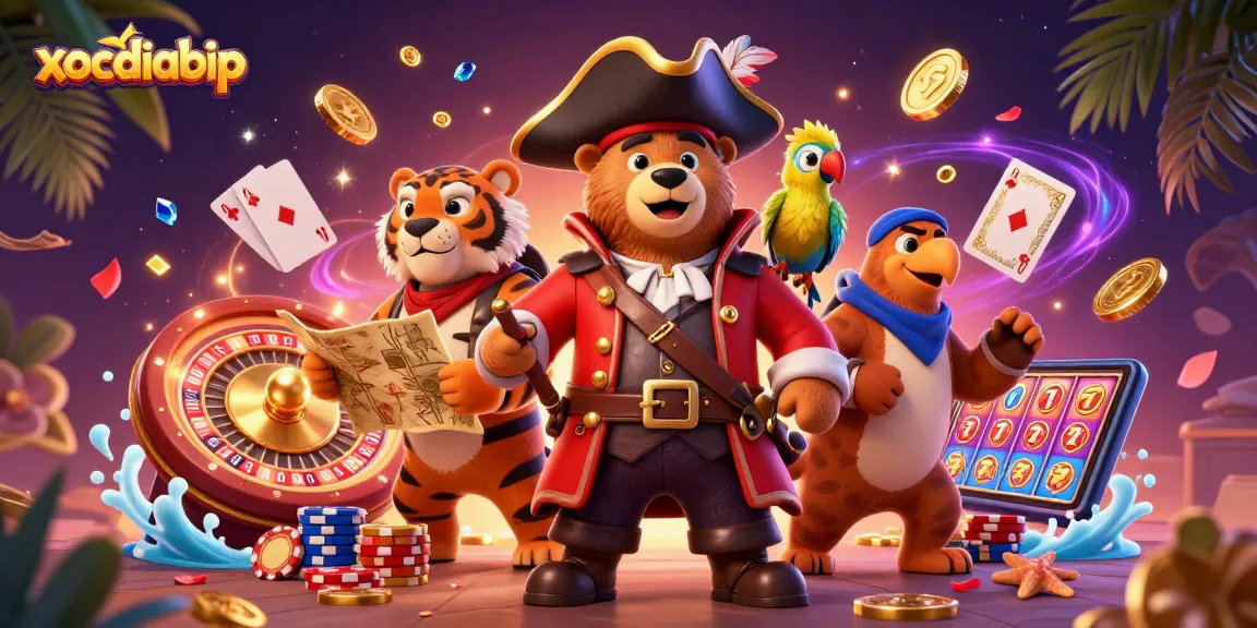 xocdiabip showcases a pirate bear and tiger amidst casino action, celebrating wins with coins and cards.