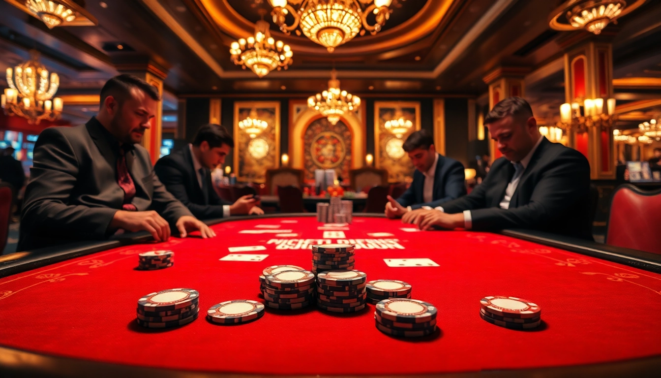 Permainan poker mole4d yang intens dalam suasana kasino yang mewah.