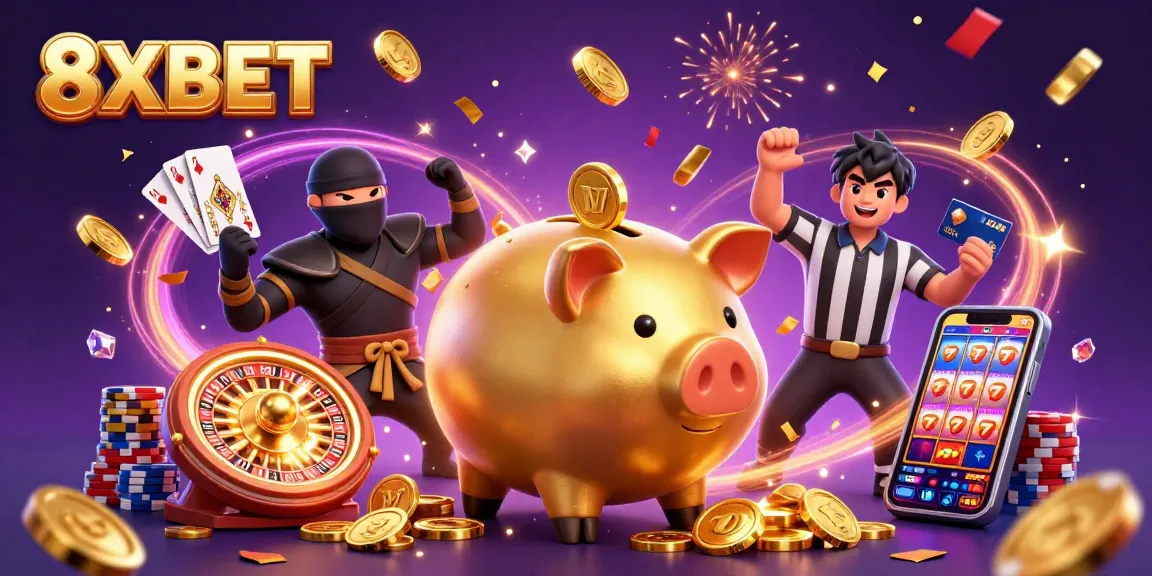Experience thrilling betting action with the vibrant 8XBET gaming scene featuring dynamic characters and casino elements.