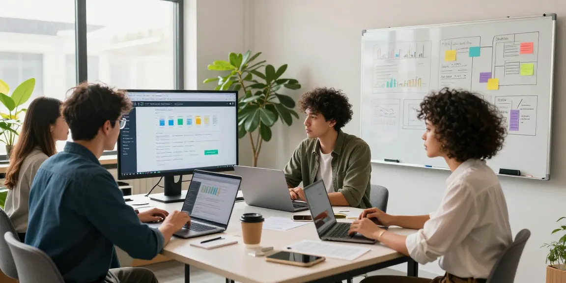 Visit website analytics strategy session with diverse team in modern workspace.