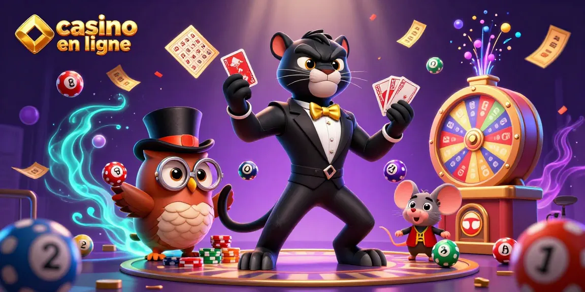 Jouez au casino en ligne avec des personnages animés et des éléments de loterie colorés.