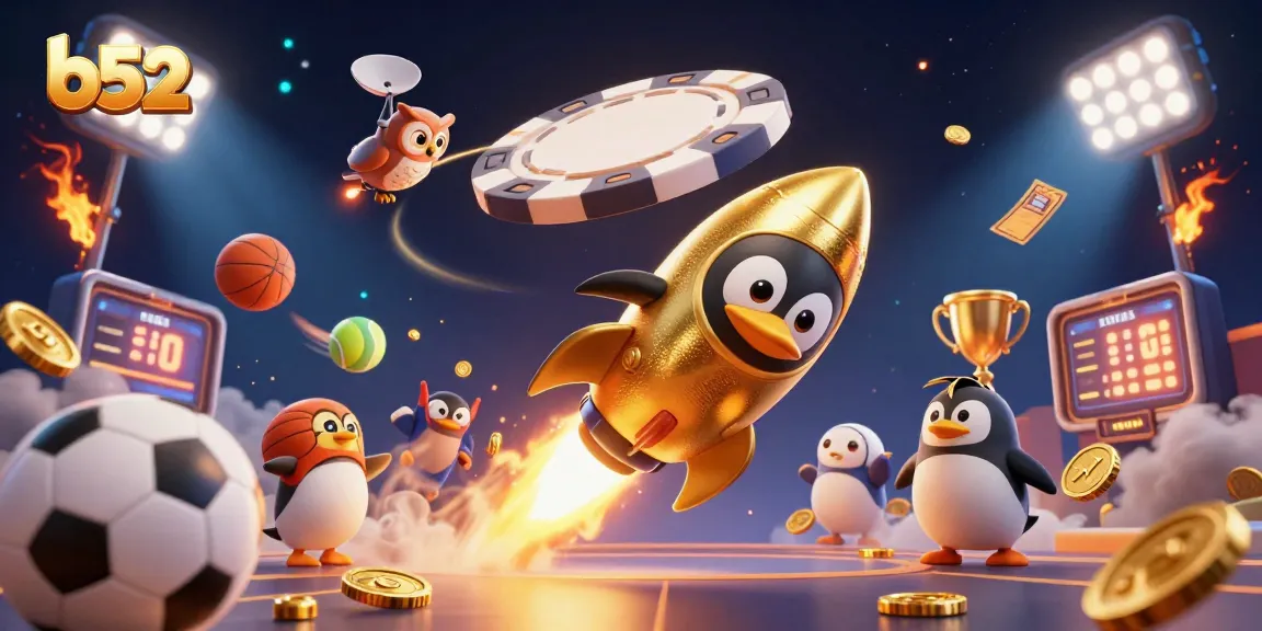 Bettors enjoy winning with b52 slots as a golden penguin blasts through a cosmic casino landscape.