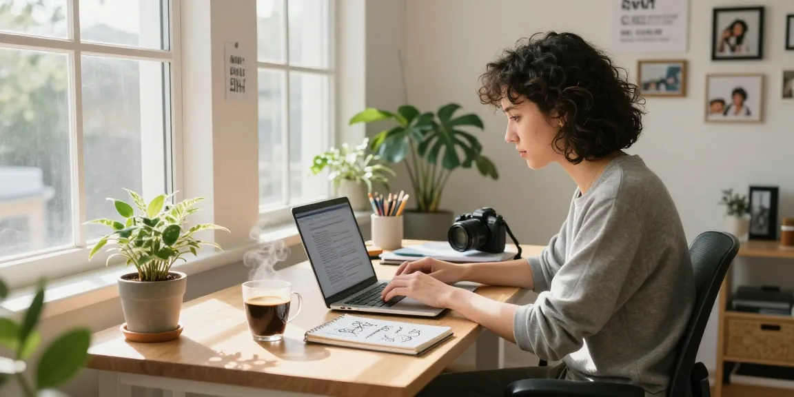 Self-employed professional typing on laptop in bright home office.