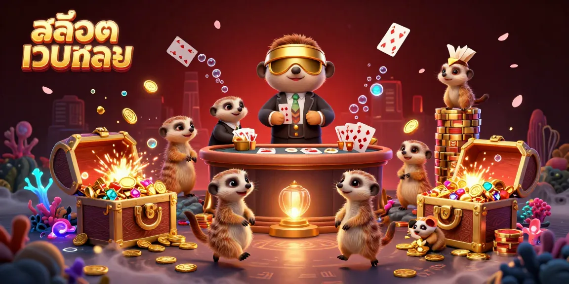 Engage with สล็อตเว็บตรง in an ultra-detailed casino scene featuring playful meerkats amidst gold coins, gems, and vibrant decorations.