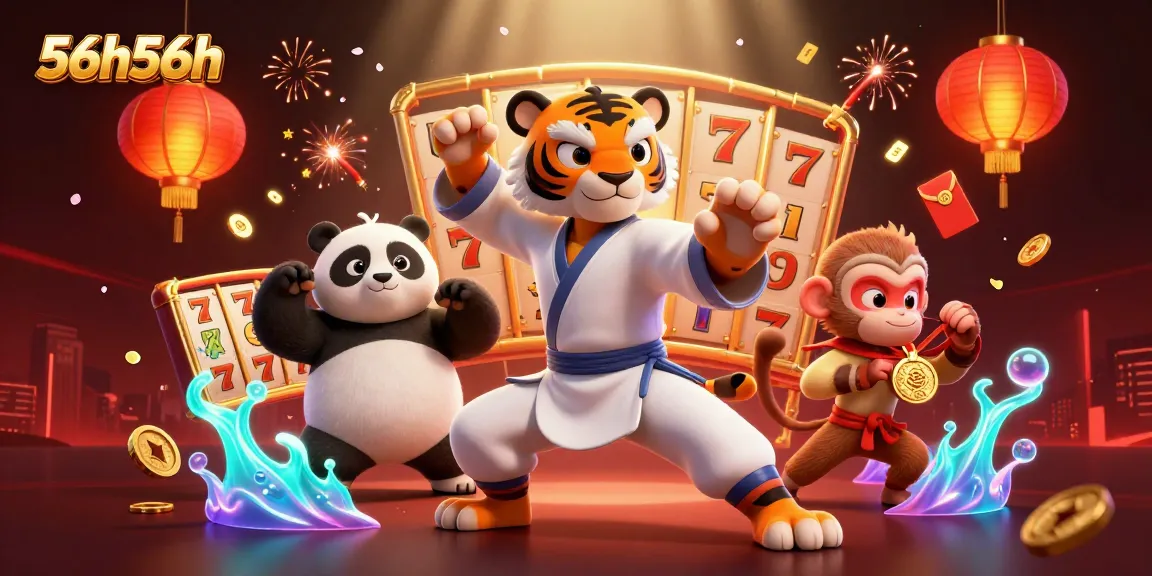 Engage with 56h56h's thrilling slot adventure in a vibrant 3D casino scene.