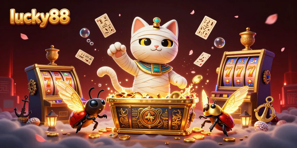 Experience thrilling gaming at lucky88 with the Egyptian mummy cat in a dynamic casino scene.