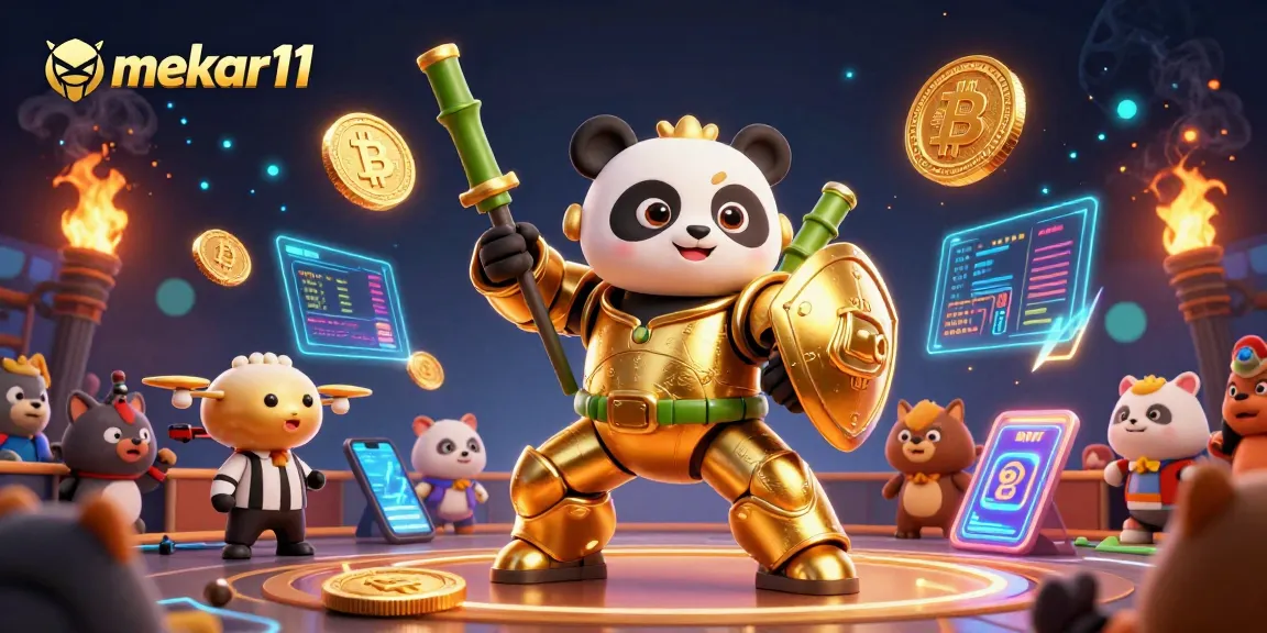 Mekar11 players engage in exciting slot gameplay, surrounded by vibrant crypto-themed visuals.