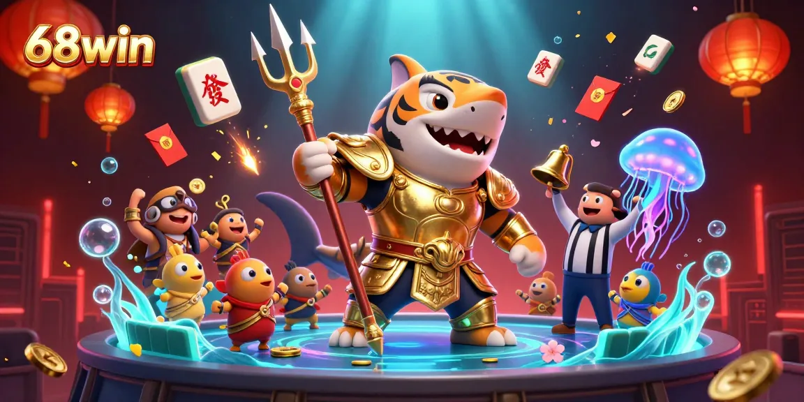 Engage in thrilling gameplay with 68win, featuring an epic underwater battle scene with vibrant colors and dynamic casino elements.