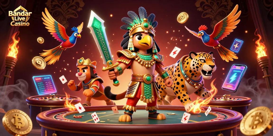 Experience the excitement of Bandar Live Casino with Aztec warriors and vibrant gaming elements.