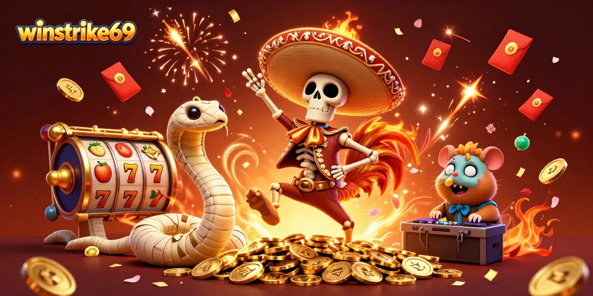 winstrike69 celebrates with a cartoon mariachi rooster and zombie DJ in a vibrant casino scene