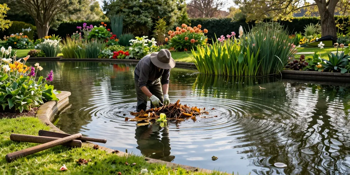 Pond Cleaning Kent: Professional gardener clearing debris from tranquil pond surrounded by aquatic plants.