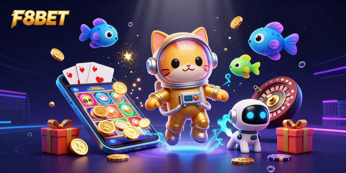 Experience exciting gaming with F8BET in this vibrant 3D illustration showcasing online casino action.