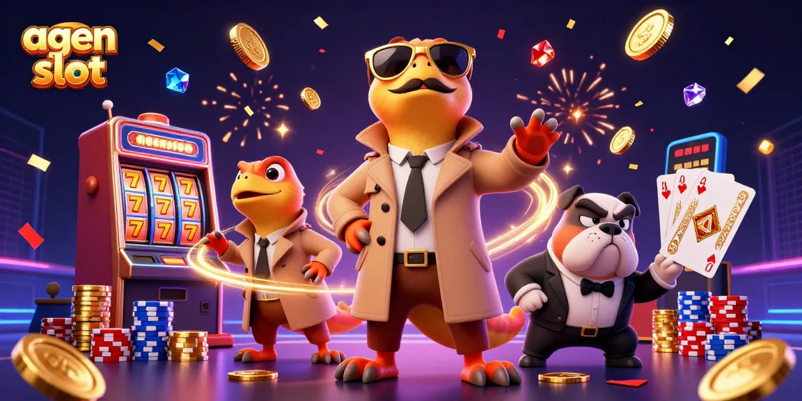 Experience the thrill with agen slot and showcase luck winning in a vibrant, playful casino scene.