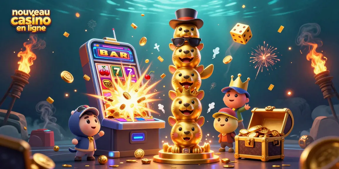 Jouez dans le nouveau casino en ligne avec cette illustration colorée d'une machine à sous et d'un totem en or.