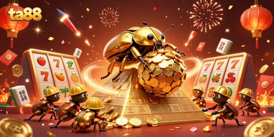 Embark on thrilling slots experiences with ta88's vibrant casino atmosphere, featuring golden beetles and iconic symbols.