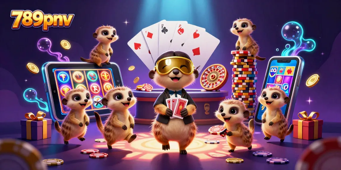 Meerkats managing the 789pnv casino, surrounded by exciting gaming elements and vibrant energy.