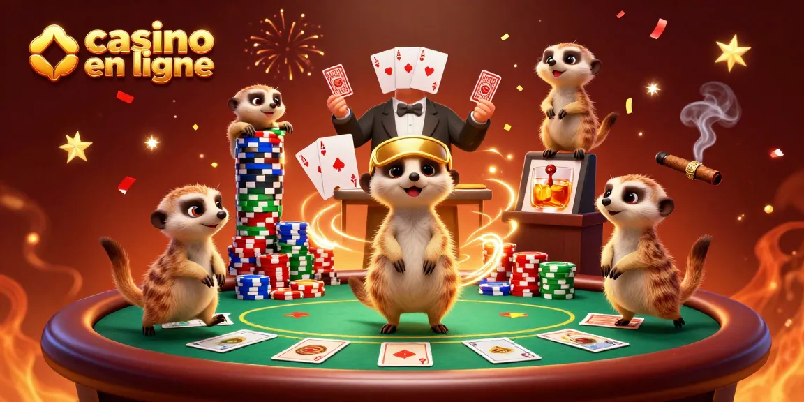 Les suricates animent un casino en ligne coloré avec des jeux de cartes, des jetons et une ambiance festive.