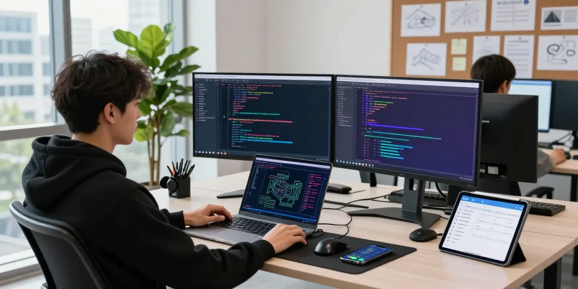 Engineer coding the NAGA2000 project in a vibrant tech workspace with dual monitors.