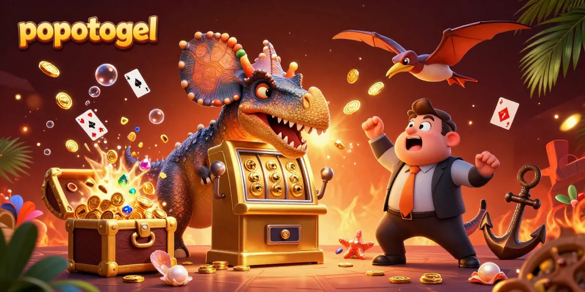 Experience the excitement of popotogel with colorful coins and cartoon dinosaurs in a vibrant casino scene.