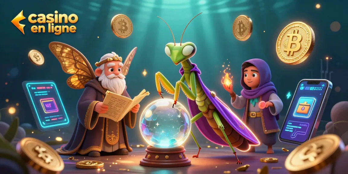 Illustration captivante d'un casino en ligne avec des personnages fantastiques et des éléments crypto.