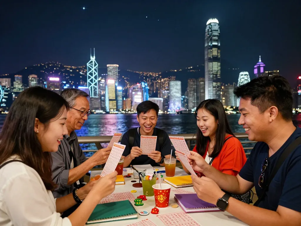 Excited players checking their HK Lotto tickets against a vibrant Hong Kong city night backdrop, bringing energy to the lottery experience.