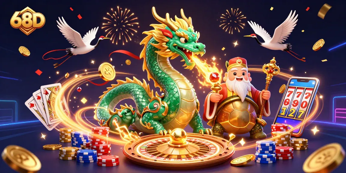 Experience the thrill of 68D with lucky dragons and vibrant casino elements swirling around.