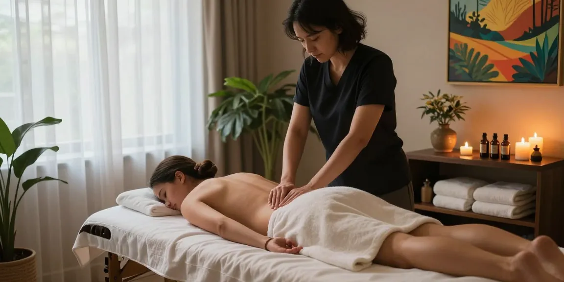 불당동마사지에서 아로마 오일과 촛불로 분위기를 조성한 마사지 치료실의 편안한 장면