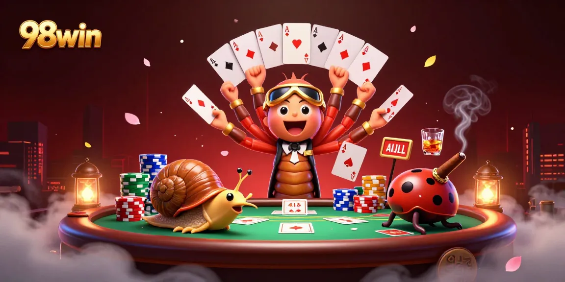 Experience thrilling gameplay with 98win's vibrant scene featuring a millipede dealer and high-roller snail.