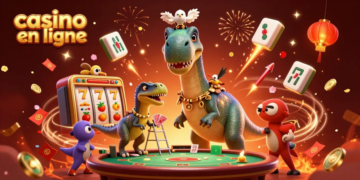 Une illustration d'un brontosaurus avec des éléments de casino en ligne vibrants et colorés, créant une atmosphère festive.