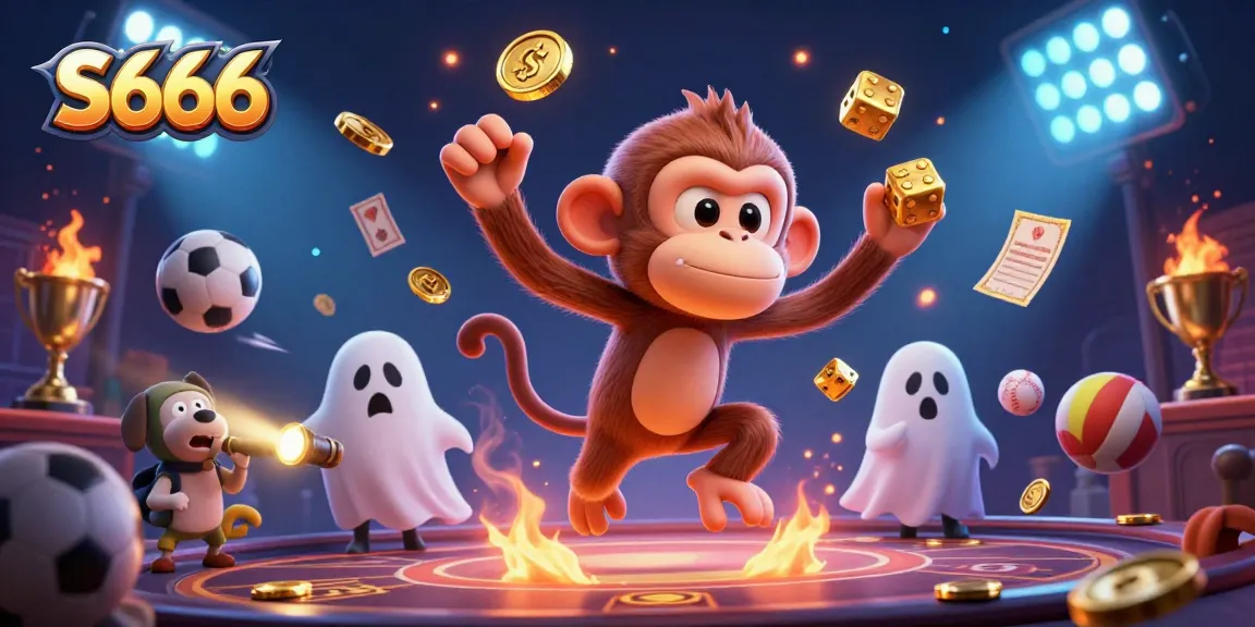 S666 reveals thrilling betting excitement with a ghostly monkey and puppy in a lively casino scene.