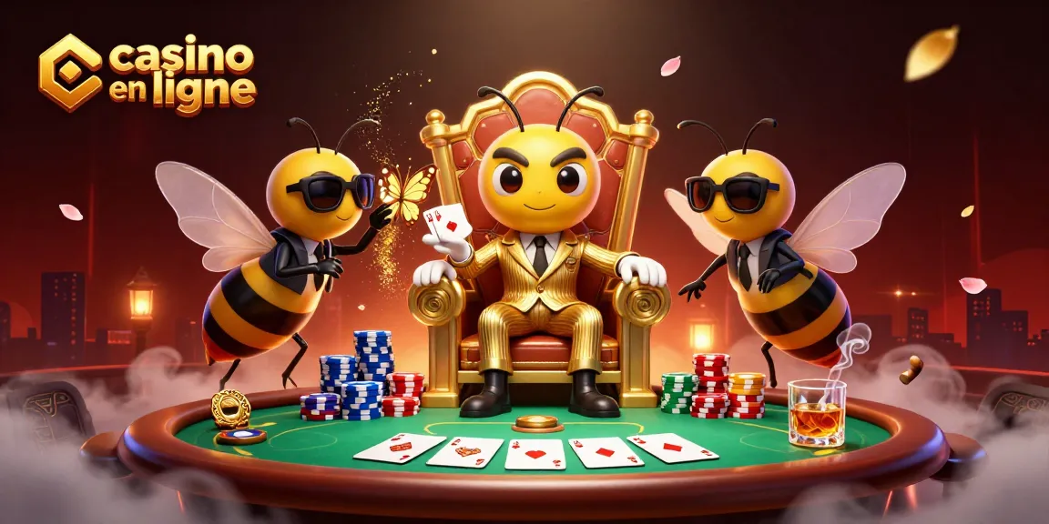 Illustration immersive d'un casino en ligne où un boss abeille dirige un jeu de poker captivant.