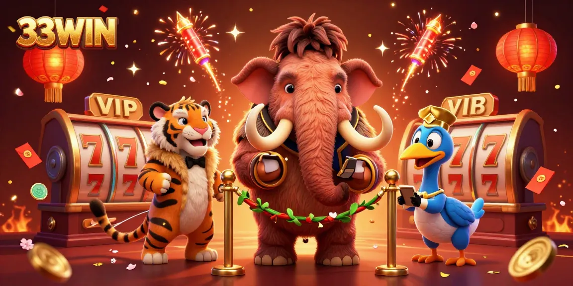 Experience the dynamic excitement of 33WIN casino with a vibrant 3D illustration featuring lively characters and engaging game elements.