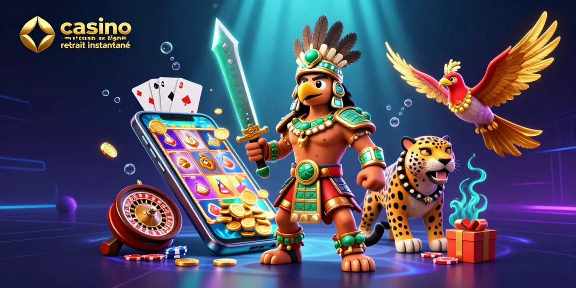 Gagnez rapidement avec le casino en ligne retrait instantané, illustrant des héros et des jeux captivants.