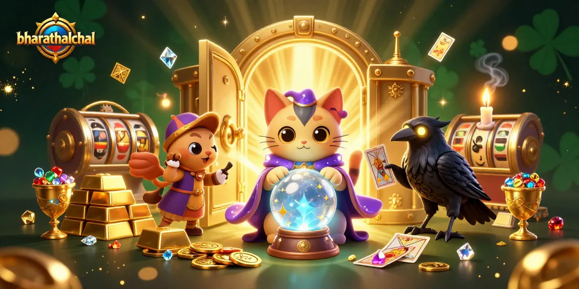 Bharathalchal features a mystical cat and raven in a rich casino illustration full of treasures.
