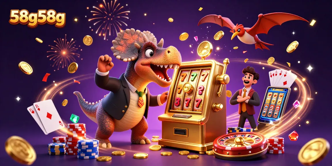 Experience thrilling wins with 58g58g as a pachycephalosaurus celebrates jackpot coins in a vibrant casino scene.