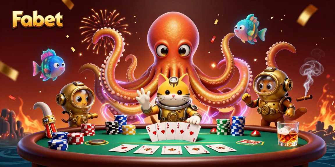Fabet evokes excitement with a colossal kraken and a diving cat at a poker table.
