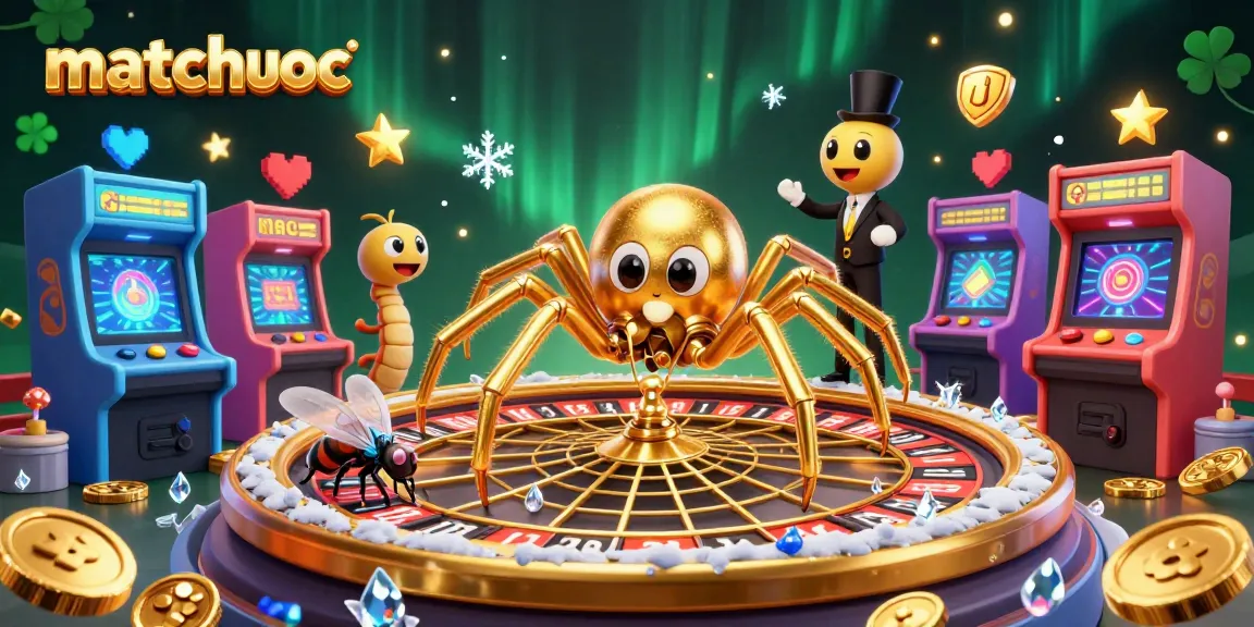 Engage with matchuoc's vibrant casino world as a golden spider spins a roulette wheel, bringing luck to players.