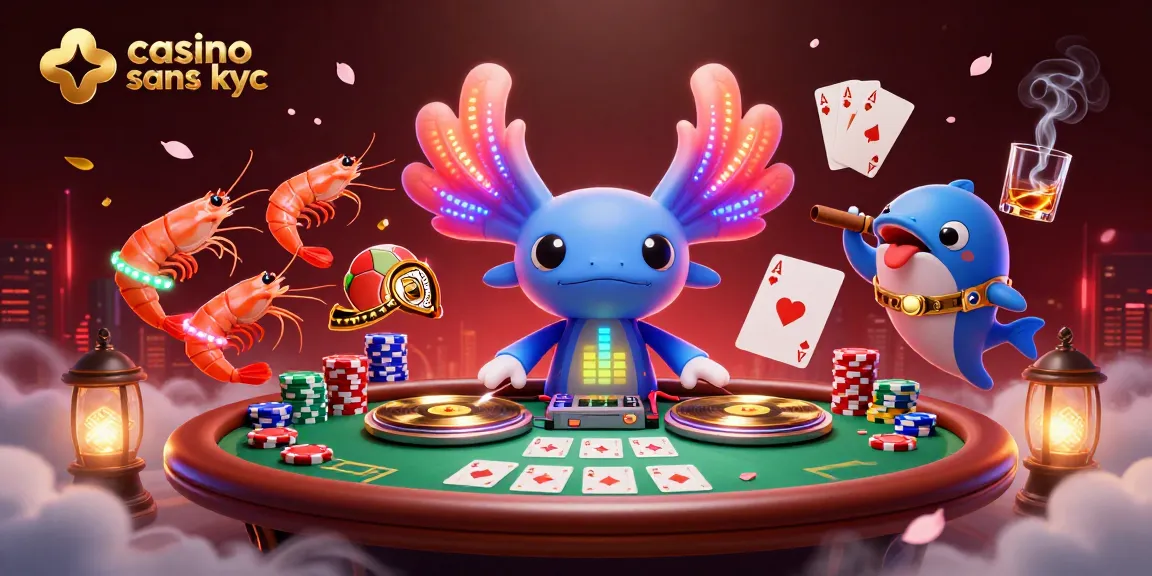 Un casino sans KYC dynamique, avec un DJ axolotl et des crevettes dansantes autour de tables de poker.