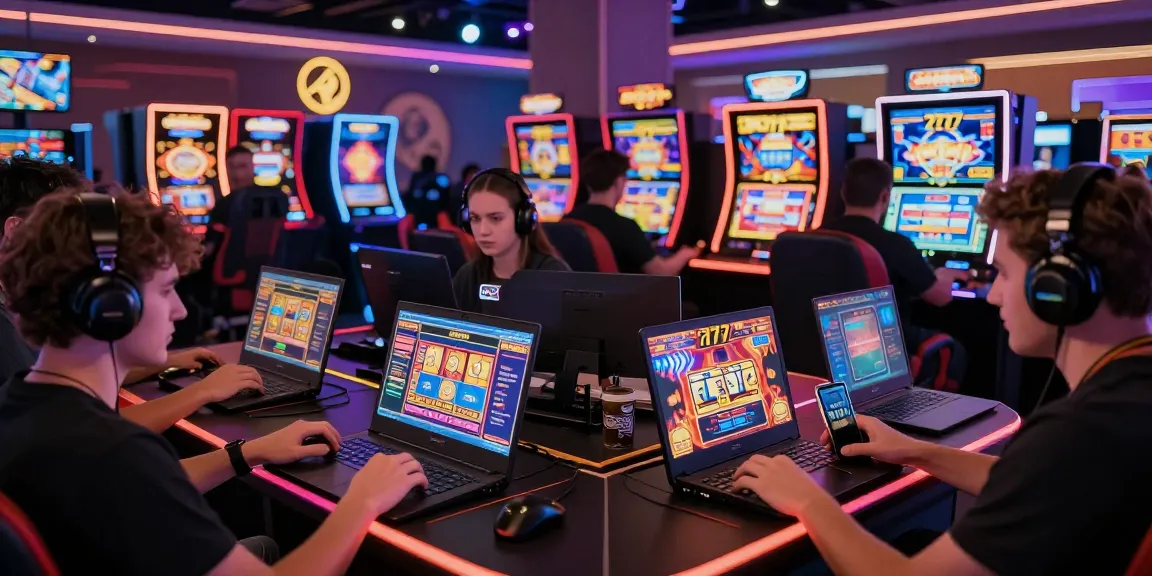 Players enjoying slot777 games on multiple devices in a vibrant online casino atmosphere
